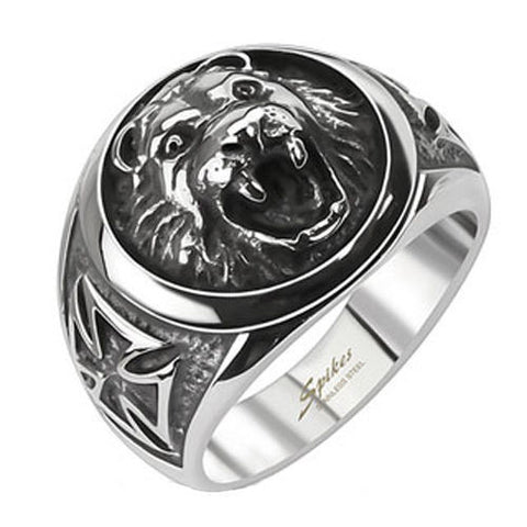 Cast stainless steel signet ring with lion's head and maltese crosses on sides | Wholesale Jewelry
