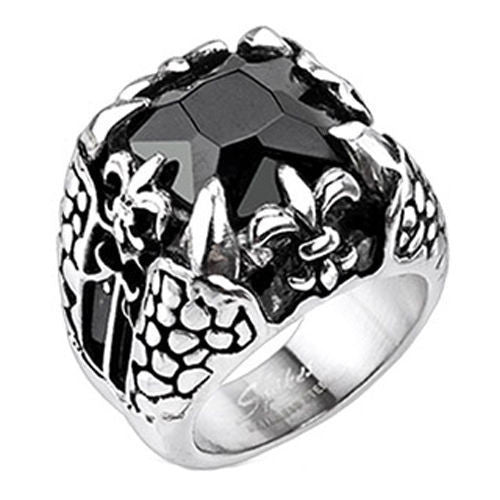 Ring with Fleur de Lis and Dragon Claws Grasping Black CZ | Wholesale stainless steel rings - Jewelry