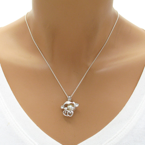 Charming & Adorable Sterling Silver Monkey w/ CZ Accents Pearl Cage | Wholesale 925 Sterling Silver Jewelry | Alternate photo