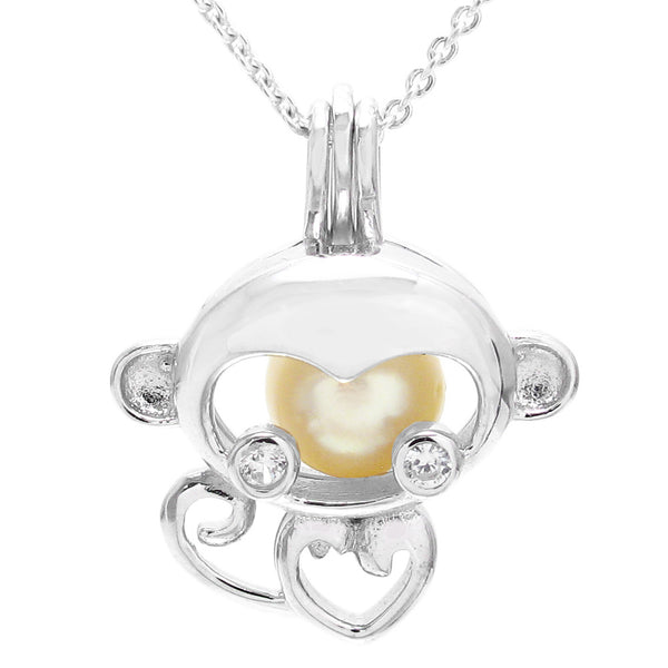 Charming & Adorable Sterling Silver Monkey w/ CZ Accents Pearl Cage | Wholesale 925 Sterling Silver Jewelry | Main photo