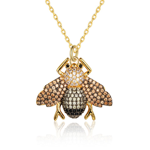 Awesome Black, White, & Champagne CZ Encrusted Fly Necklace in 14K Gold Plated Brass.