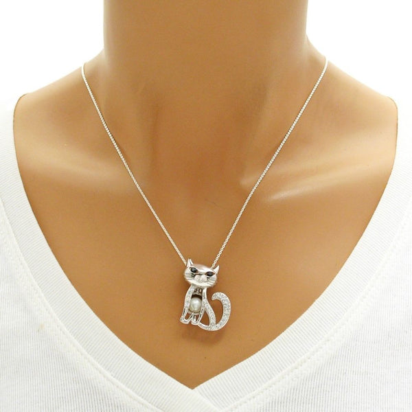 Charming sterling silver cat w/ black eyes pearl cage pendant | Wholesale 925 sterling silver jewelry | Mannequin photo