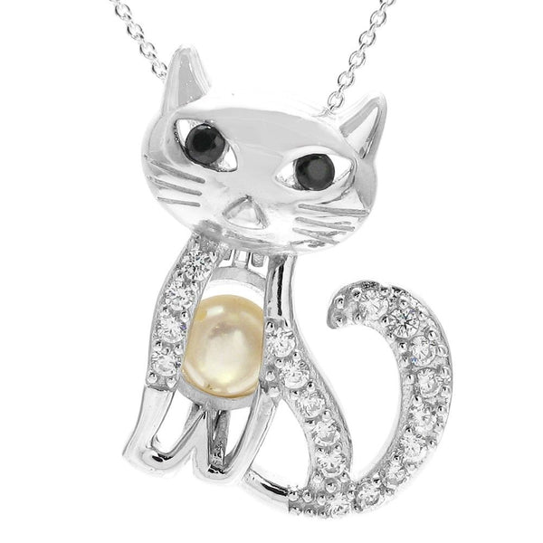 Charming sterling silver cat w/ black eyes pearl cage pendant | Wholesale 925 sterling silver jewelry | Pearl photo