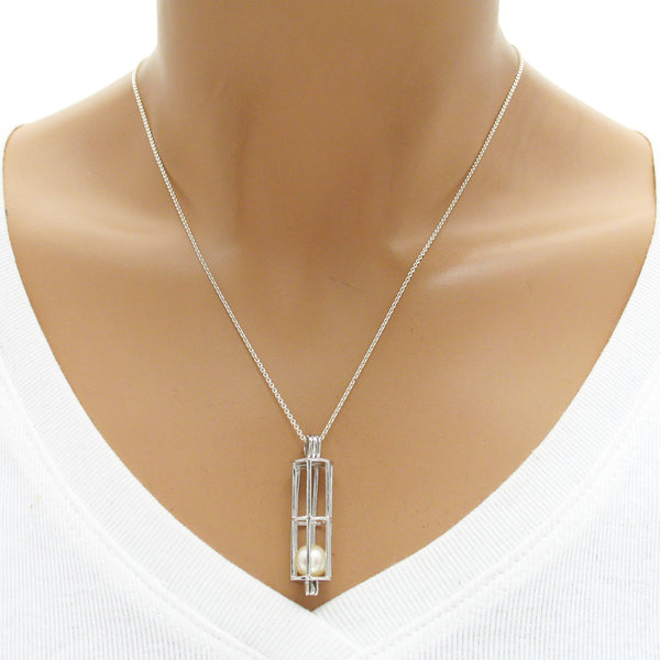 Classic rectangular bar cylinder 925 sterling silver pearl cage | Wholesale 925 sterling silver jewelry | Alternate photo