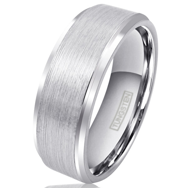 Silver tungsten ring w/ brush finish band & polished stepped edges | Wholesale tungsten rings - wedding bands | White Photo