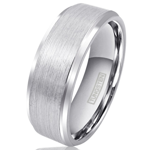 Silver tungsten ring w/ brush finish band & polished stepped edges | Wholesale tungsten rings - wedding bands | White Photo