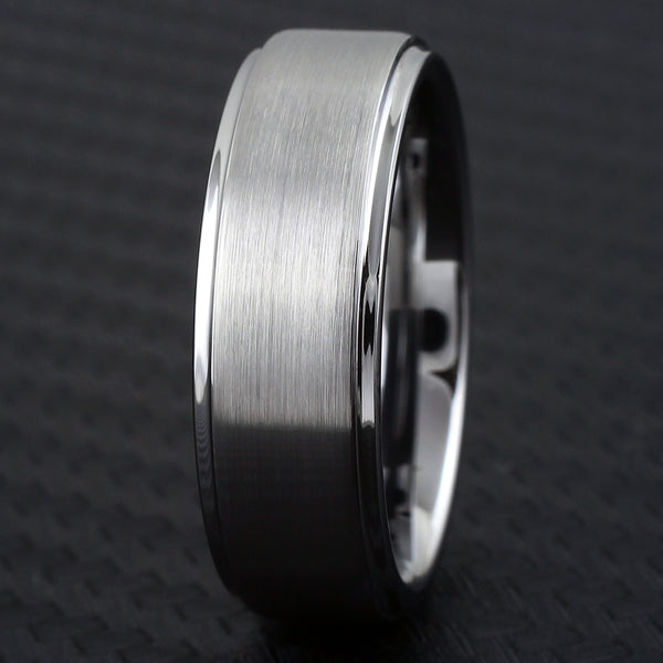 Silver tungsten ring w/ brush finish band & polished stepped edges | Wholesale tungsten rings - wedding bands | Black Front Photo