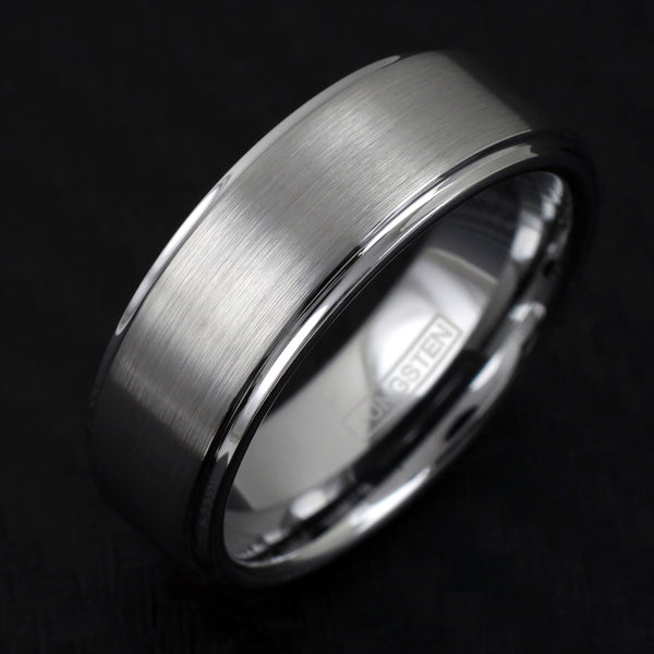 Silver tungsten ring w/ brush finish band & polished stepped edges | Wholesale tungsten rings - wedding bands | Black 45 Deg Photo