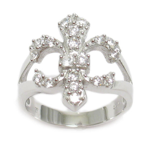 Modern Chic Large Fleur-de-Lis Ring with Clear CZs in Sterling Silver.