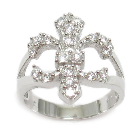 Modern Chic Large Fleur-de-Lis Ring with Clear CZs in Sterling Silver.