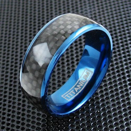Royal blue titanium dome ring | Black carbon fiber inlay band | Wholesale titanium rings | Black Background photo
