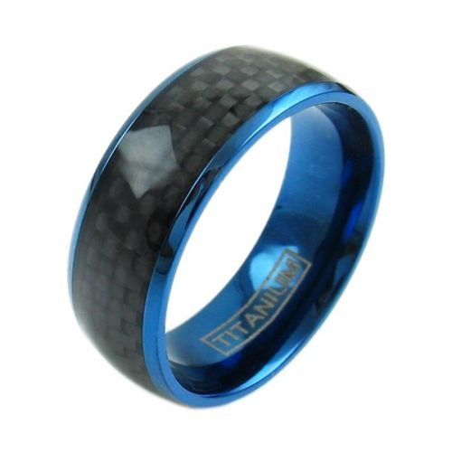 Royal blue titanium dome ring | Black carbon fiber inlay band | Wholesale titanium rings | Diagonal photo