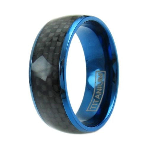 Royal blue titanium dome ring | Black carbon fiber inlay band | Wholesale titanium rings | Upright photo