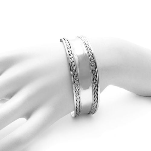 Polished Concave Graduated Braid Trim 7" Cuff Bangle Bracelet | Wholesale 925 Sterling Silver Jewelry | Alternate
