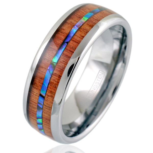Beautiful Silver Tungsten Ring w/ Brilliant Abalone Shell Inlay Between Sandalwood Inlays.