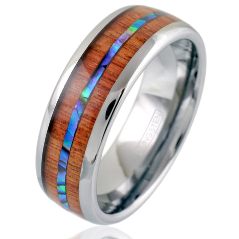 Beautiful Silver Tungsten Ring w/ Brilliant Abalone Shell Inlay Between Sandalwood Inlays.