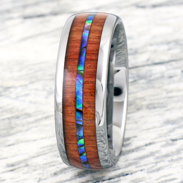 Beautiful Silver Tungsten Ring w/ Brilliant Abalone Shell Inlay Between Sandalwood Inlays.
