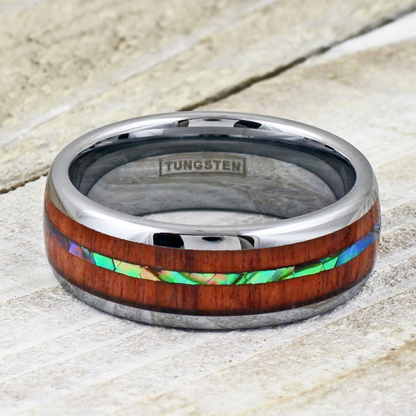 Beautiful Silver Tungsten Ring w/ Brilliant Abalone Shell Inlay Between Sandalwood Inlays.