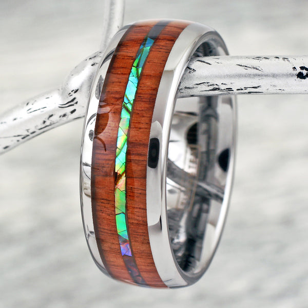 Beautiful Silver Tungsten Ring w/ Brilliant Abalone Shell Inlay Between Sandalwood Inlays.