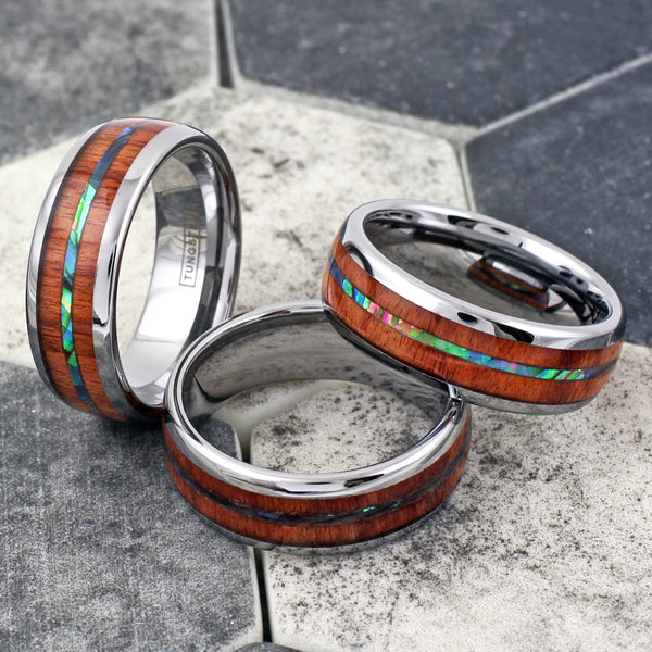 Beautiful Silver Tungsten Ring w/ Brilliant Abalone Shell Inlay Between Sandalwood Inlays.