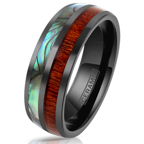 Gunmetal black CERAMIC ring w/ abalone & wood inlays | Wholesale ceramic rings - wedding bands | White photo