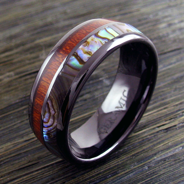 Gunmetal black CERAMIC ring w/ abalone & wood inlays | Wholesale ceramic rings - wedding bands | Wood tilted photo