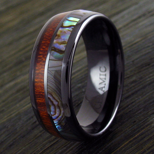 Gunmetal black CERAMIC ring w/ abalone & wood inlays | Wholesale ceramic rings - wedding bands | Wood upright photo