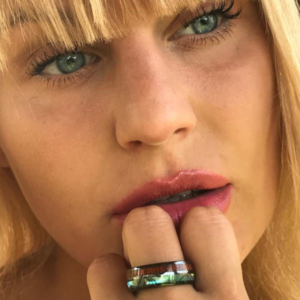 Gunmetal black CERAMIC ring w/ abalone & wood inlays | Wholesale ceramic rings - wedding bands | Model photo