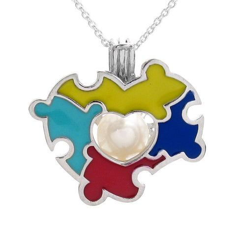Charming 925 Sterling Silver Multi-Color Puzzle Pieces Pearl Cage Pendant - w/ Pearl Photo