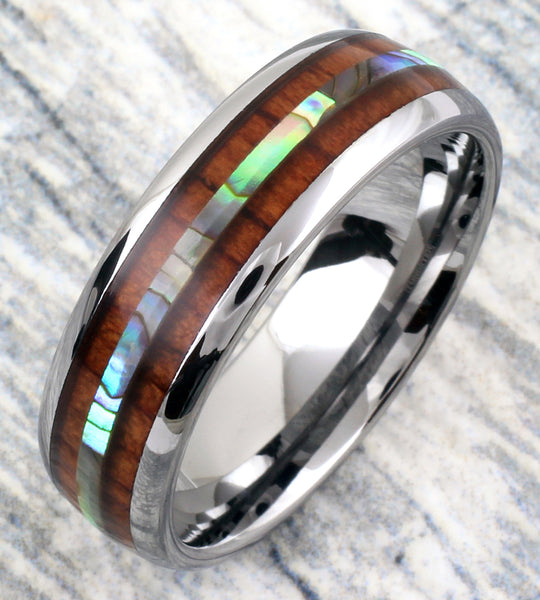 Elegant Silver Tungsten Ring w/ Brilliant Abalone Shell Inlay Between Koa Wood Stripes. For men and women.