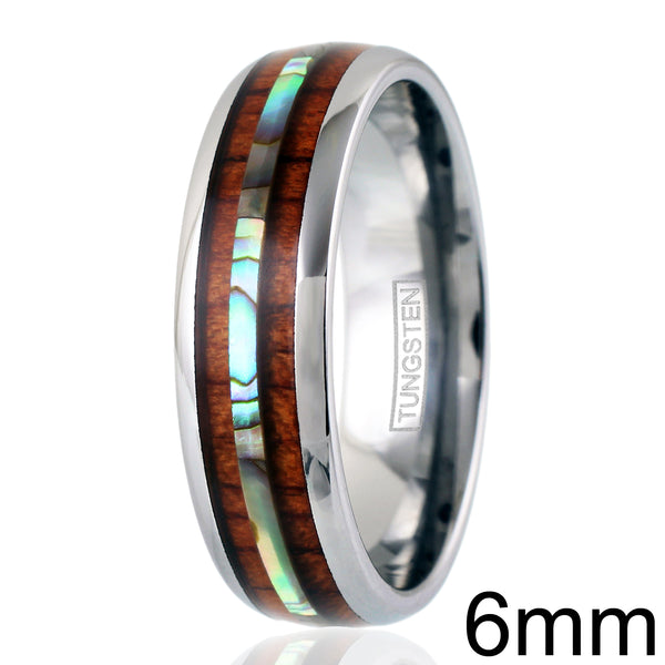 6mm Silver tungsten dome ring w/ abalone inlay between Koa wood | Wholesale tungsten rings - wedding bands | Upright