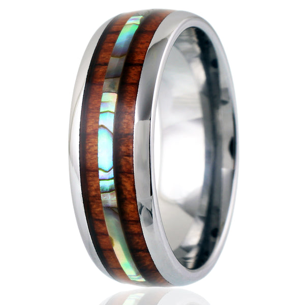 Silver tungsten dome ring w/ abalone inlay between Koa wood | Wholesale tungsten rings - wedding bands | Upright