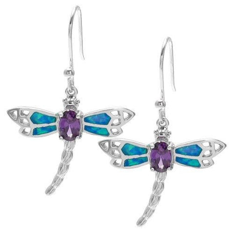 Colorful created opal and amethyst dragonfly hanging earrings | Wholesale Sterling Silver Jewelry | Main photo