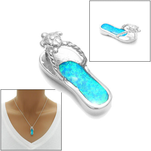 Radiant Created Opal Sandal Pendant with Turtle | Wholesale 925 Sterling Silver Pendant - Jewelry | Main
