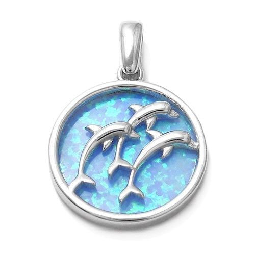 Pretty Triple Dolphin Pendant with Created Blue Opal | Wholesale 925 Sterling Silver Pendant Jewelry | Main