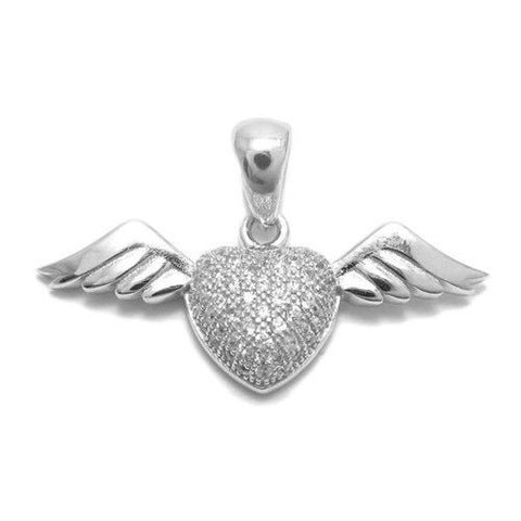 CZ embellished flying winged heart pendant | Wholesale 925 Sterling Silver Jewelry | Item photo