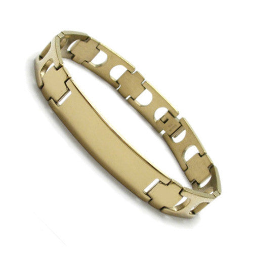 Elegant "D" link bracelet with engravable plate | Wholesale 316L Stainless Steel Jewelry | Gold photo