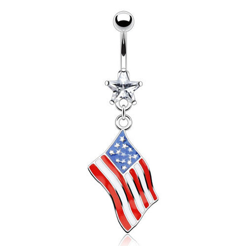 Dangling American flag navel ring with CZ accent | Wholesale 316L Stainless Steel Jewelry