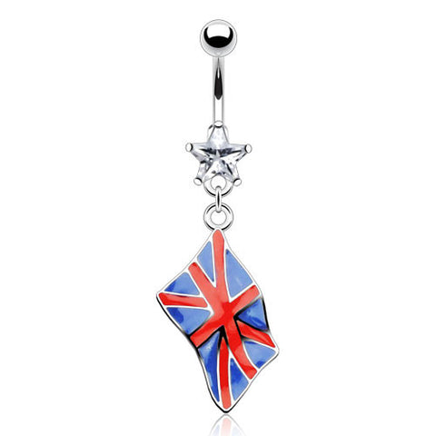 Dangling British Union Jack flag navel ring with CZ accent | Wholesale 316L Stainless Steel Jewelry