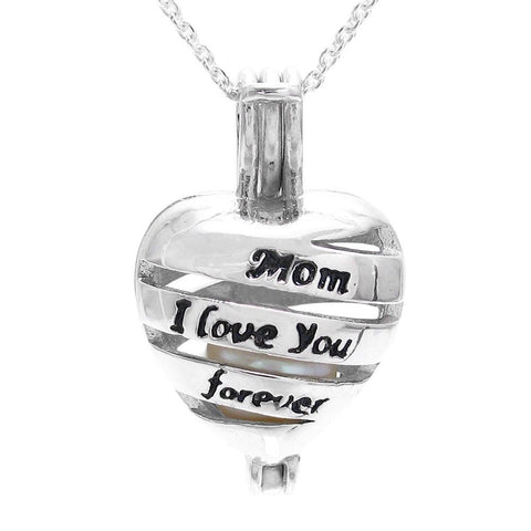 Darling 925 Sterling Silver "Mom I love you forever" Engraved Heart Pearl Cage Pendant.