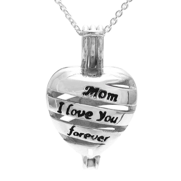 Darling 925 Sterling Silver "Mom I love you forever" Engraved Heart Pearl Cage Pendant.