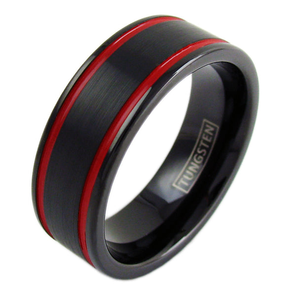 Satin Finish Black Tungsten Ring w/ 2 Race Car Red Stripes | Wholesale Tungsten Rings - Wedding Bands | Diagonal Photo