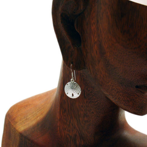 Charming and well detailed sand dollar hanging earrings | Wholesale 925 Sterling Silver Jewelry | Alternate photo