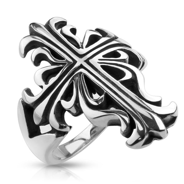 Beautifully detailed French cross ring in wide cast stainless steel | Wholesale Jewelry | Main photo