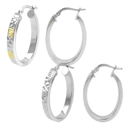 Dia Cut Design Oval Hoop Earrings in 2 Colors | Wholesale Sterling Silver Jewelry | Main