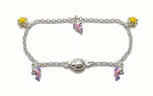 Lovely Child's 6" Bracelet with Painted Stars and Dolphins | Wholesale 925 Sterling Silver Jewelry