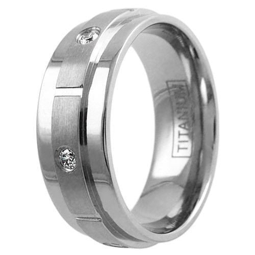 Dual finish titanium ring with 6 CZ accents around satin band | Wholesale Titanium Rings | Upright photo