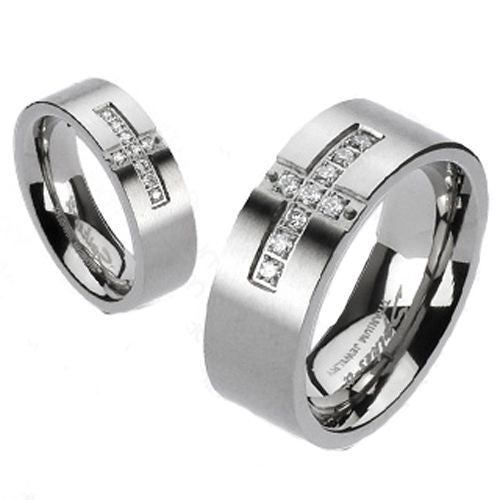 Dual finish titanium ring with pave CZ cross | Wholesale Titanium Rings | Wedding Bands