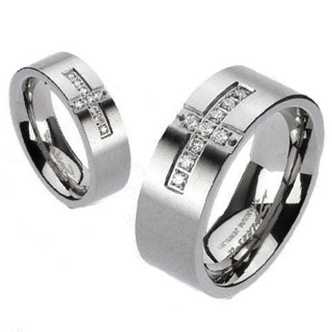 Dual finish titanium ring with pave CZ cross | Wholesale Titanium Rings | Wedding Bands