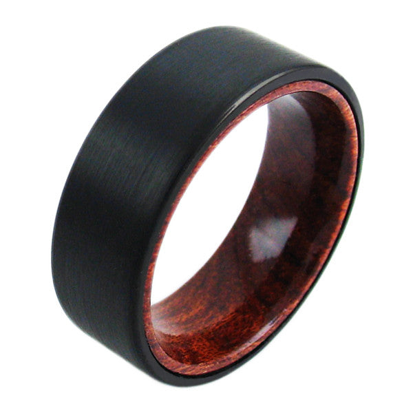 Flat black tungsten outer band with wood inner band | Wholesale Tungsten Rings - Wedding Bands | Angled photo